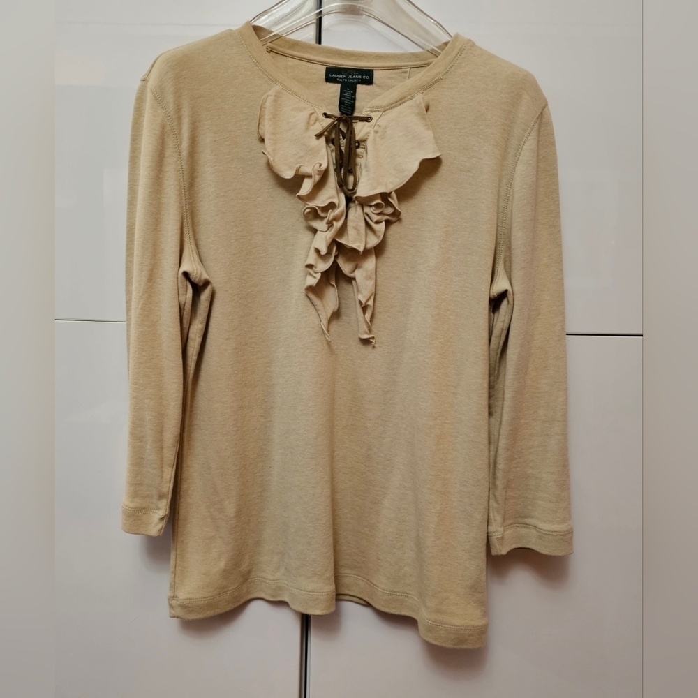 Lauren Ralph Lauren Tan Ruffle Long Sleeve Top